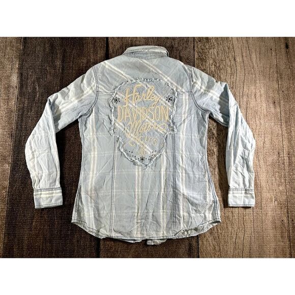 Harley Davidson Motorcycles Womens Blue Large Button Down Pocket Shirt - Picture 1 of 10